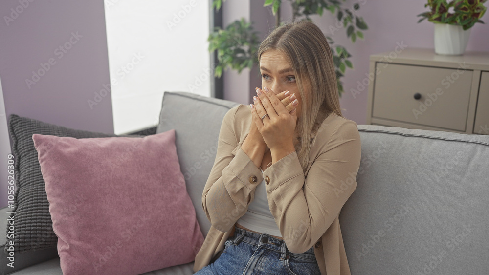 A young attractive blonde caucasian woman sits in a living room with a surprised expression, hands covering her mouth, in a modern apartment with pastel decor. A young attractive blonde caucasian woman sits in a living room with a surprised expression, hands covering her mouth, in a modern apartment with pastel decor.