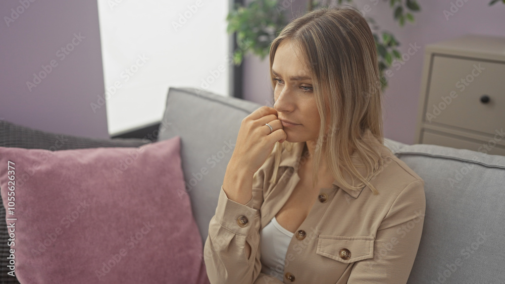 A beautiful blonde woman sits pensively in a cozy living room, showcasing an inviting and serene indoor setting with pastel decor and soft furnishings. A beautiful blonde woman sits pensively in a cozy living room, showcasing an inviting and serene indoor setting with pastel decor and soft furnishings.