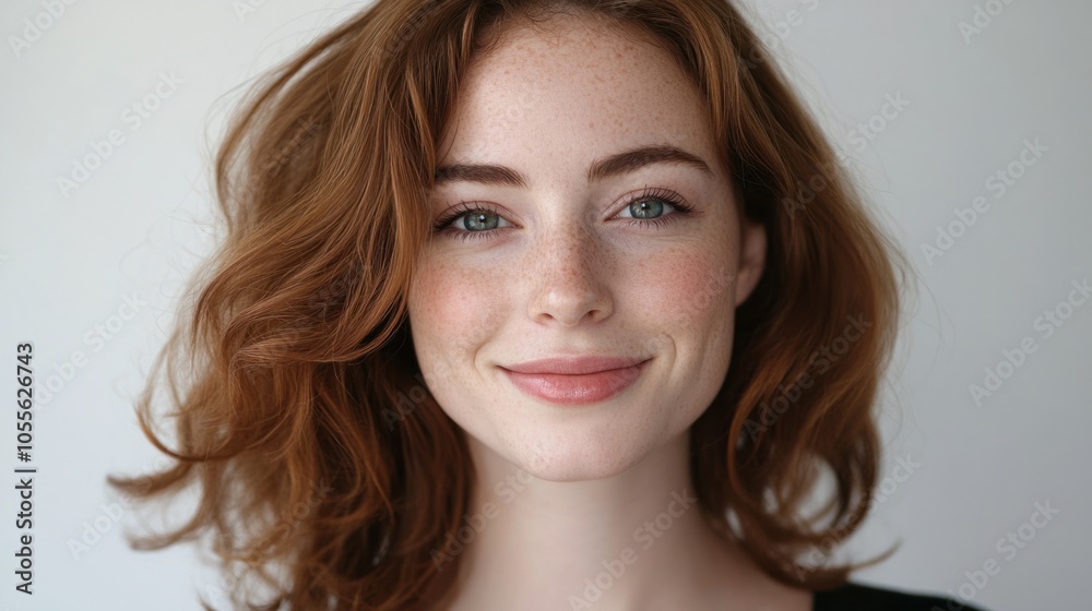 Woman with medium-length hair and natural makeup, showing a cheerful and relaxed smile, isolated on white Woman with medium-length hair and natural makeup, showing a cheerful and relaxed smile, isolated on white