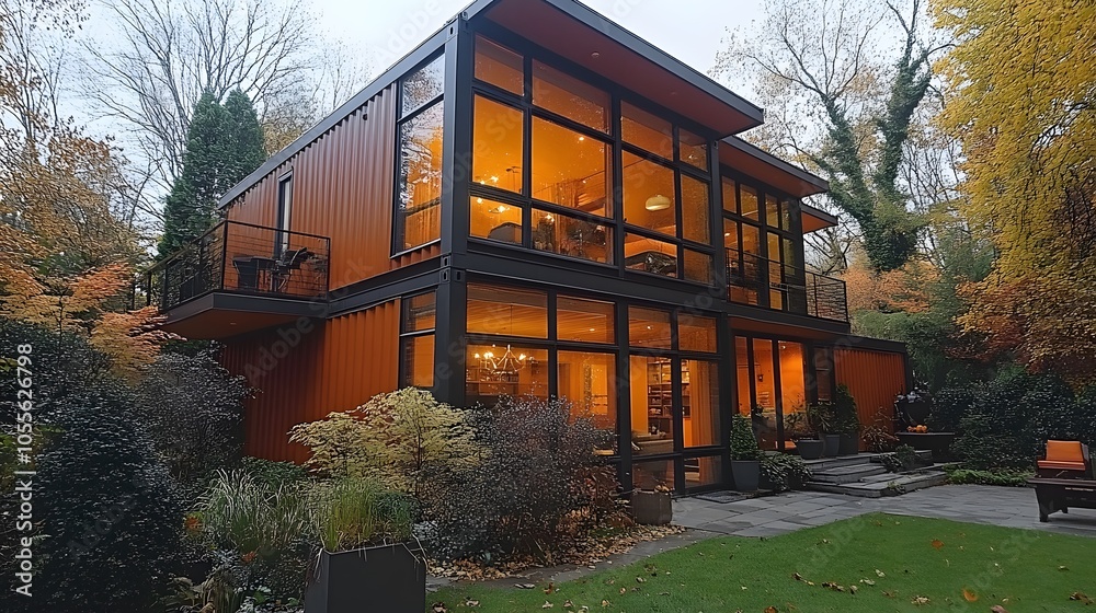 Innovative container house with multiple stacked containers creating a unique architectural look Innovative container house with multiple stacked containers creating a unique architectural look