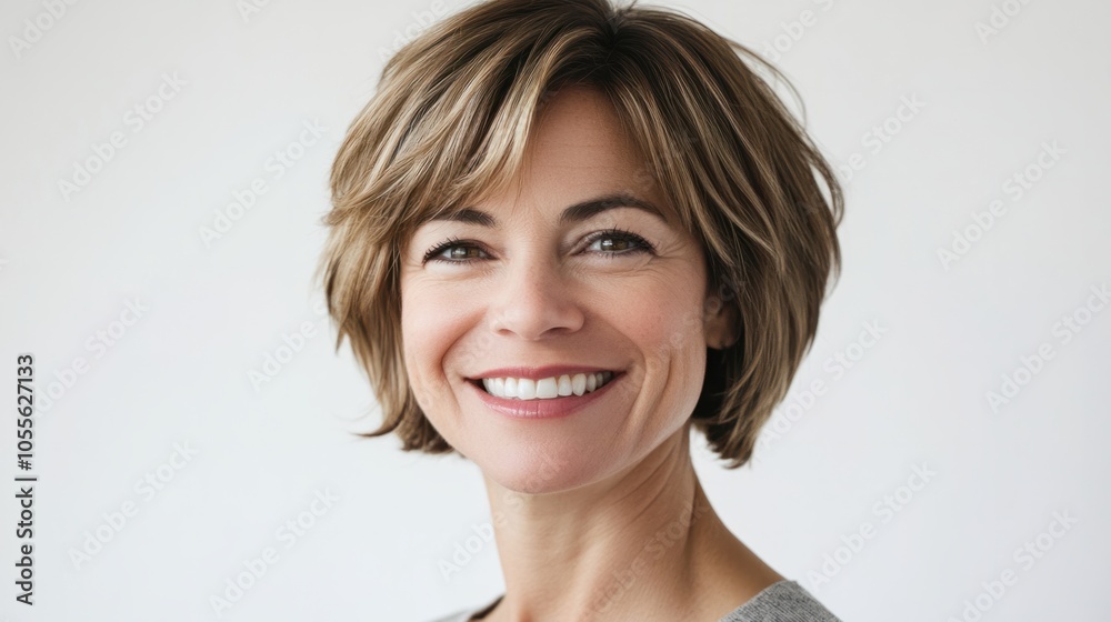 Woman with short bob haircut, subtle makeup, and a welcoming smile, appearing friendly and approachable, isolated on white Woman with short bob haircut, subtle makeup, and a welcoming smile, appearing friendly and approachable, isolated on white