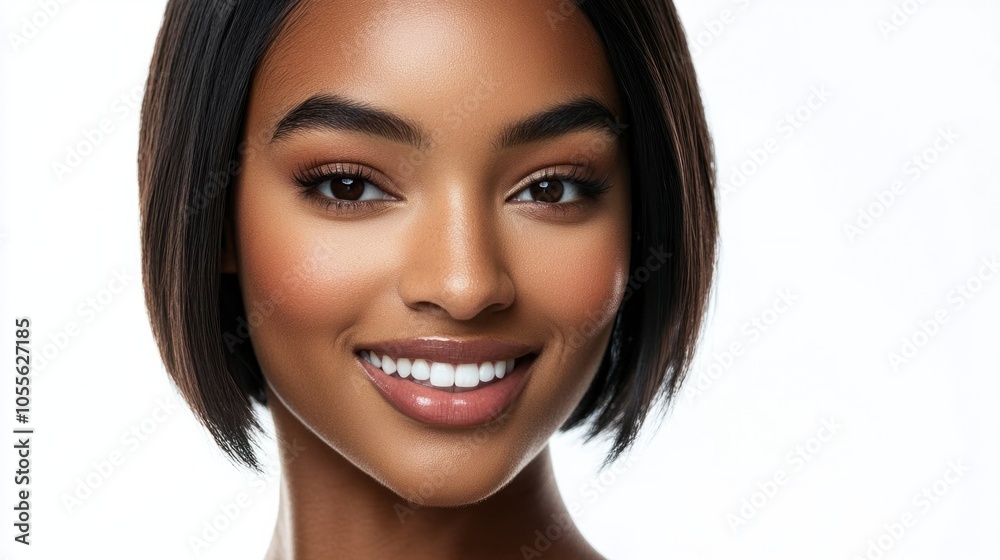 Woman with short, straight hair and light makeup, giving a cheerful and warm smile, isolated on white Woman with short, straight hair and light makeup, giving a cheerful and warm smile, isolated on white