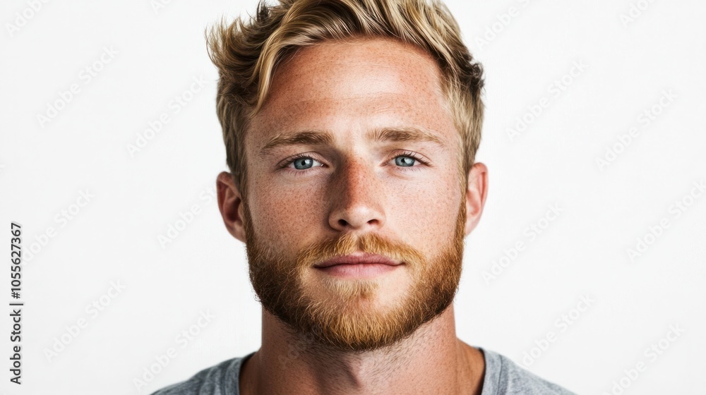 Obraz premium Young man with a light beard, short hair, and relaxed expression, appearing approachable and confident, isolated on white