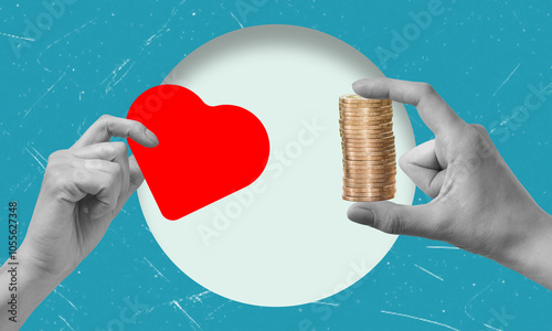 Composite collage image of two black and white color people hands holding money and heart as symbol. photo