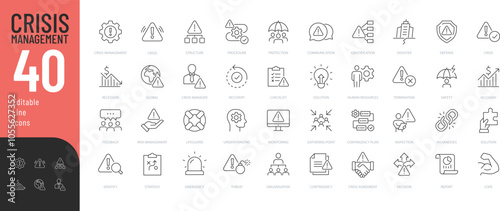 Crisis Management Line Editable Icons set. Vector illustration in modern thin line style of business related icons: protection, decision, strategy, and more. Pictograms and infographics for mobile app