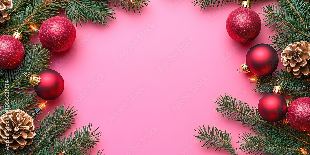 Festive frame with red baubles and pine cones. Festive frame with red baubles and pine cones.