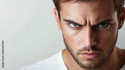 Young man with stubble, short hair, and intense expression, appearing focused, isolated on white