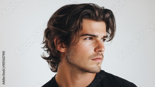 Young man with stubble and medium-length hair, looking thoughtfully to the side, isolated on white