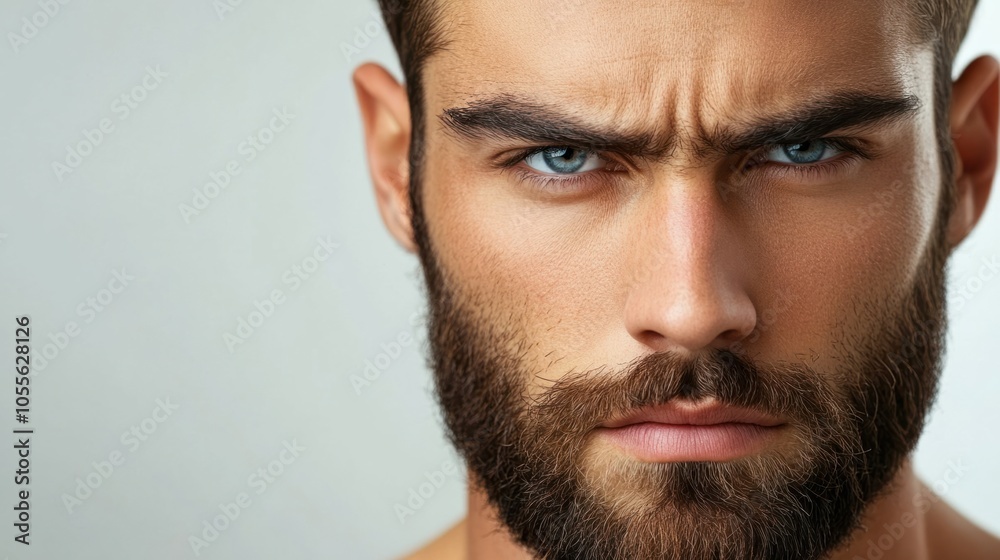 Young man with trimmed beard, deep-set eyes, and serious look, showing focus, isolated on white Young man with trimmed beard, deep-set eyes, and serious look, showing focus, isolated on white
