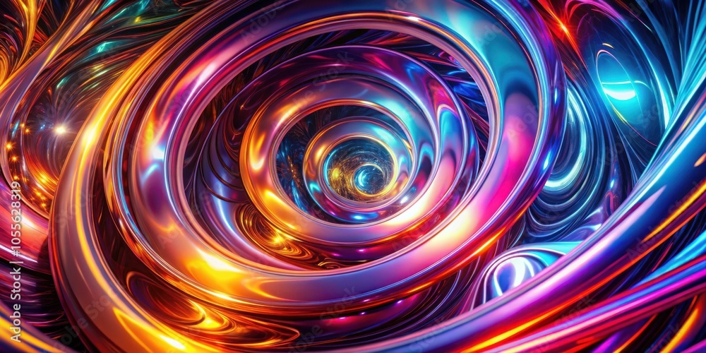 A luminous swirl of vibrant metallic rings, radiating with iridescent hues and captivating geometric patterns.