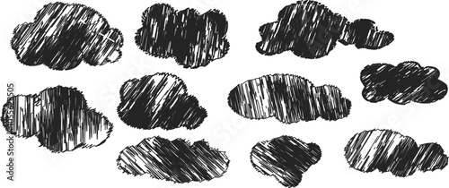 Hand drawn pencil drawing of clouds in black color. Kids sketch chalk drawing. Grunge image of the heaven. For design template art children education material.