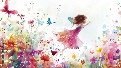 Enchanting Pixie Flying Amongst Colorful Flowers in a Whimsical Garden Scene