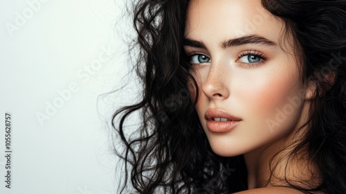 Young woman with dark curls, slight smile, and natural look, appearing calm and confident, isolated on white