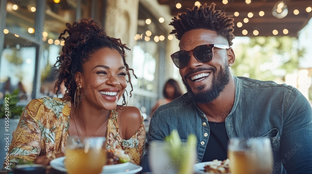 A stylish couple enjoys a meal at a trendy cafe, reflecting joy, connection, and togetherness in a modern setting with background diners and stylish decor. A stylish couple enjoys a meal at a trendy cafe, reflecting joy, connection, and togetherness in a modern setting with background diners and stylish decor.