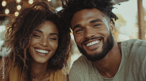 A joyful couple with bright smiles, spending time at an outdoor cafe under warm lights, capturing happiness and togetherness on a sunny day full of laughter.