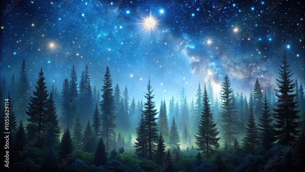Dark forest with dense trees and twinkling stars in a midnight sky ...