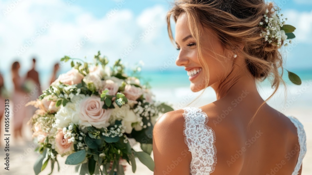 Naklejka premium A joyful bride with a radiant smile holds a lush bouquet of roses and greenery, standing by the vibrant shore on her wedding day as friends celebrate behind.