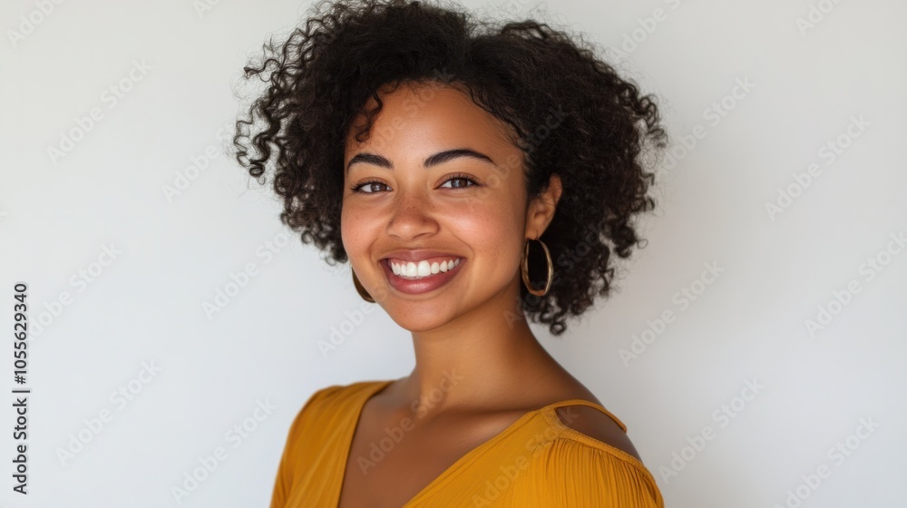 Young woman with natural curls, bright smile, and relaxed expression, looking directly at the camera, isolated on white Young woman with natural curls, bright smile, and relaxed expression, looking directly at the camera, isolated on white