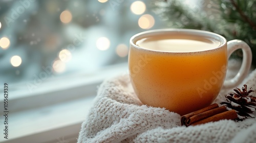 Cozy Mug of Spiced Cider on a Snowy Windowsill