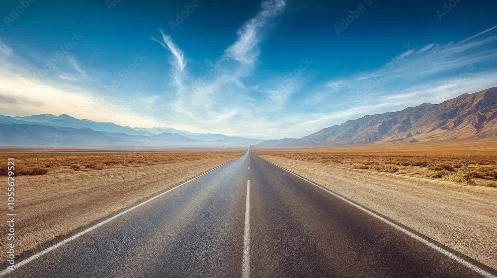 Naklejka premium A serene, empty road stretches into the horizon under a clear blue sky, surrounded by mountains and vast, open land.