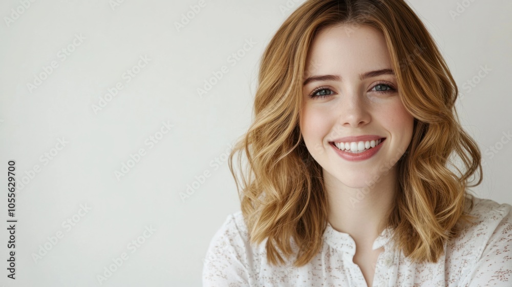 Young woman with wavy hair and a bright smile, showing confidence and friendliness, isolated on white Young woman with wavy hair and a bright smile, showing confidence and friendliness, isolated on white