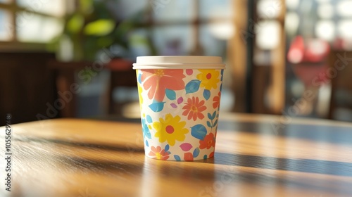 Paper coffee cup mockup on a cafe table, waiting for personalized print designs.