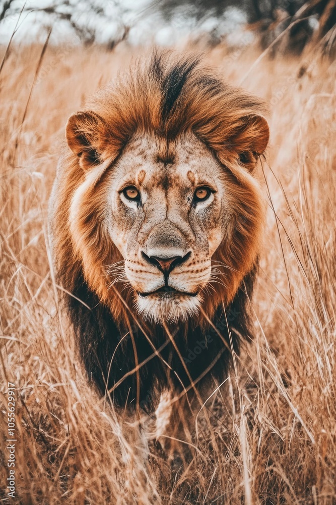 Fototapeta premium Lion in Tall Grass Close Up