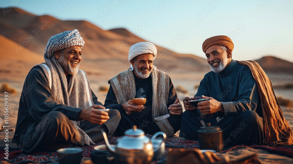 Three elderly men sitting on a patterned carpet in the desert, enjoying traditional beverages at sunset, wearing traditional robes and turbans with mountains in the background. Three elderly men sitting on a patterned carpet in the desert, enjoying traditional beverages at sunset, wearing traditional robes and turbans with mountains in the background.