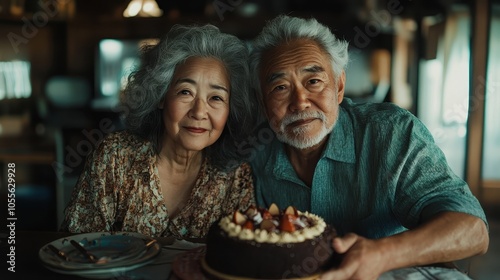 An elderly couple joyfully presents a chocolate cake adorned with strawberries, symbolizing celebration, love, and companionship in a cozy home setting.