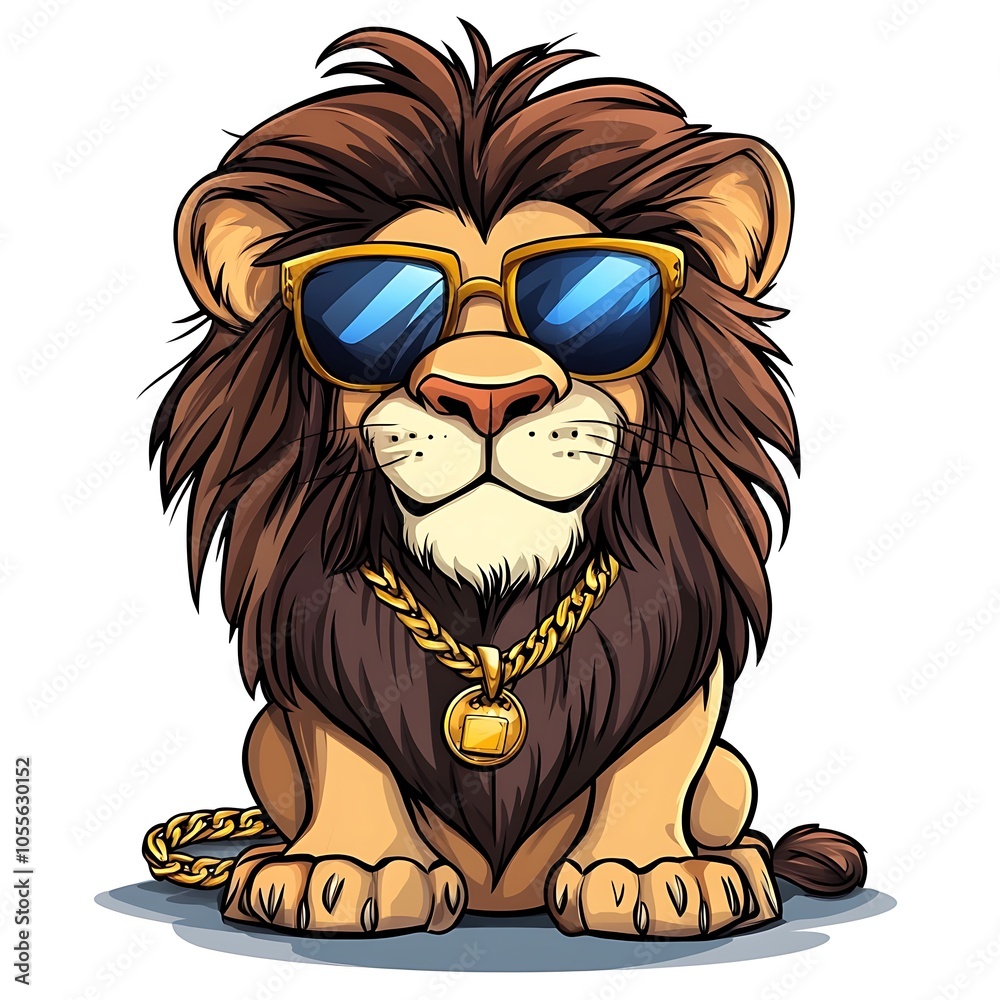 Fototapeta premium Cartoon hip-hop lion wearing sunglasses and a gold chain on a white background.