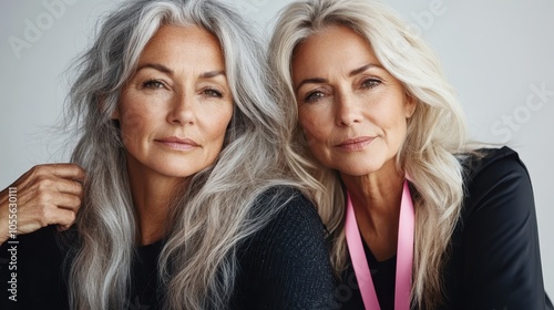 Two mature women with elegantly styled gray hair share an introspective moment, reflecting elegance and timeless grace. Their serene expressions convey peace and wisdom.
