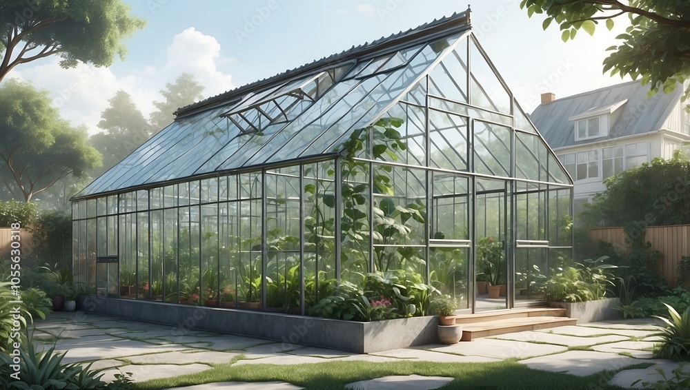 Glass greenhouse surrounded by lush greenery under clear blue sky Glass greenhouse surrounded by lush greenery under clear blue sky
