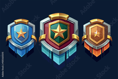 Game Level Badge or Rank Medal Icons of Victory Rank Shield for GUI Interface, Vector Banners. Level Up Badges of Wooden or Gold Metal Shields With Wings and Jewels For Arcade Video Game Level Reward 