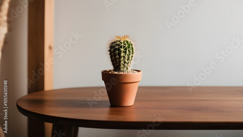 A small cactus in a terracotta pot placed on a wooden table, with soft, natural lighting.