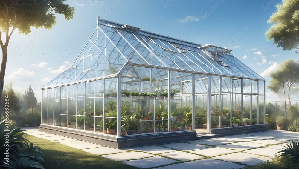 Glass greenhouse surrounded by lush greenery under clear blue sky Glass greenhouse surrounded by lush greenery under clear blue sky