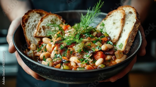 A hands-on view of a hearty bean stew served with fresh herbs and rustic bread, showcasing a comforting, warm meal perfect for sharing and enjoying together. photo