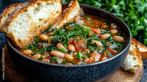 A delicious bowl of bean stew with a rich tomato base, garnished with fresh herbs, and accompanied by thick slices of rustic bread, evoking warmth and comfort.