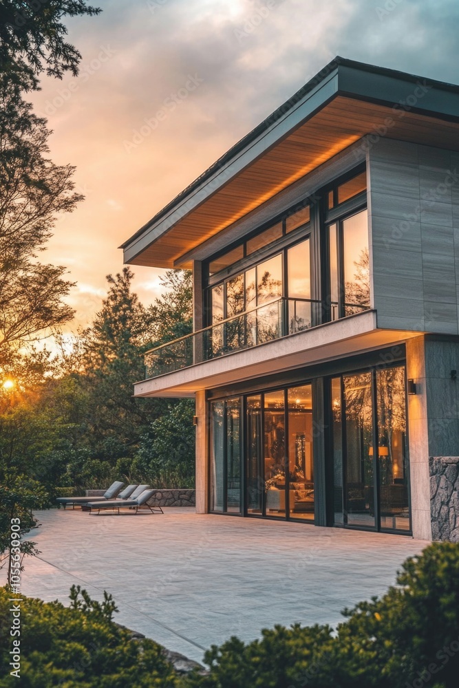 Fototapeta premium House with Deck and Patio at Sunset
