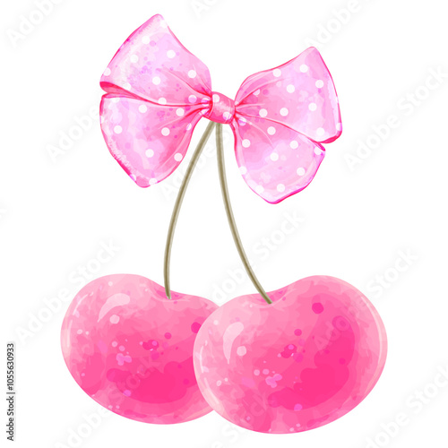Cute pink cherries with a polka dot bow. Vector watercolor illustration