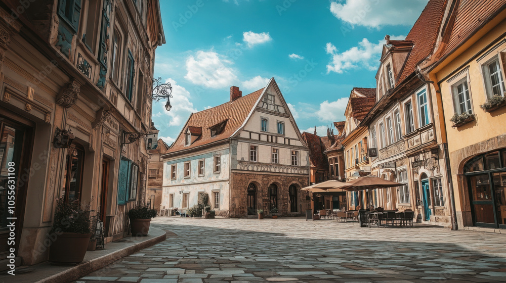 Fototapeta premium Charming european town square with historical architecture for travel poster design