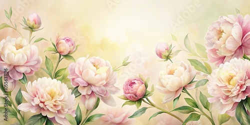Fototapeta Naklejka Na Ścianę i Meble -  Delicate watercolor peonies in soft pink and white hues against a subtle yellow background, flowers, delicate, soft, peonies