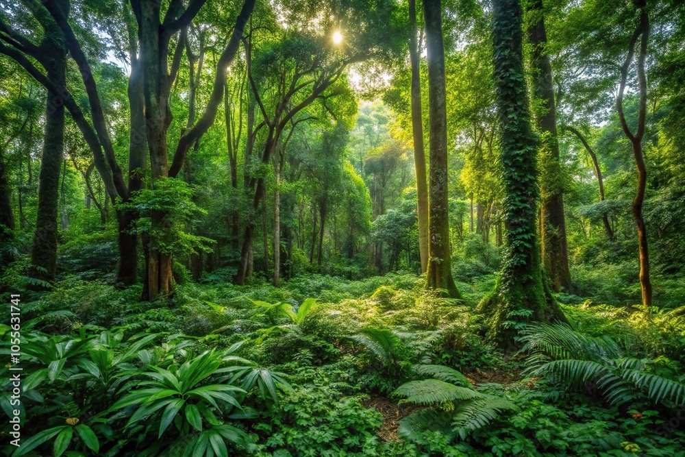 Dense foliage with towering trees and underbrush covering the ground, woods, wild plants, nature, forests Dense foliage with towering trees and underbrush covering the ground, woods, wild plants, nature, forests