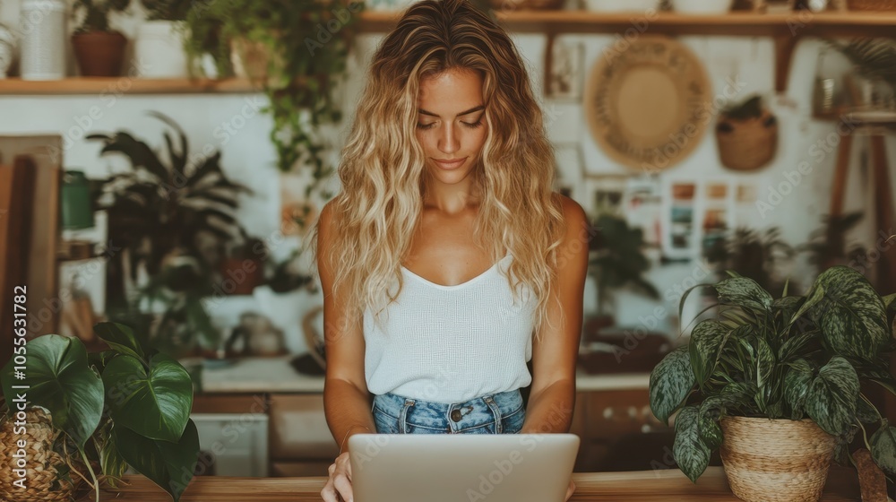 A young woman using a laptop in a warmly lit room filled with plants, showcasing a balanced lifestyle blend of technology and nature's calming presence. A young woman using a laptop in a warmly lit room filled with plants, showcasing a balanced lifestyle blend of technology and nature's calming presence.