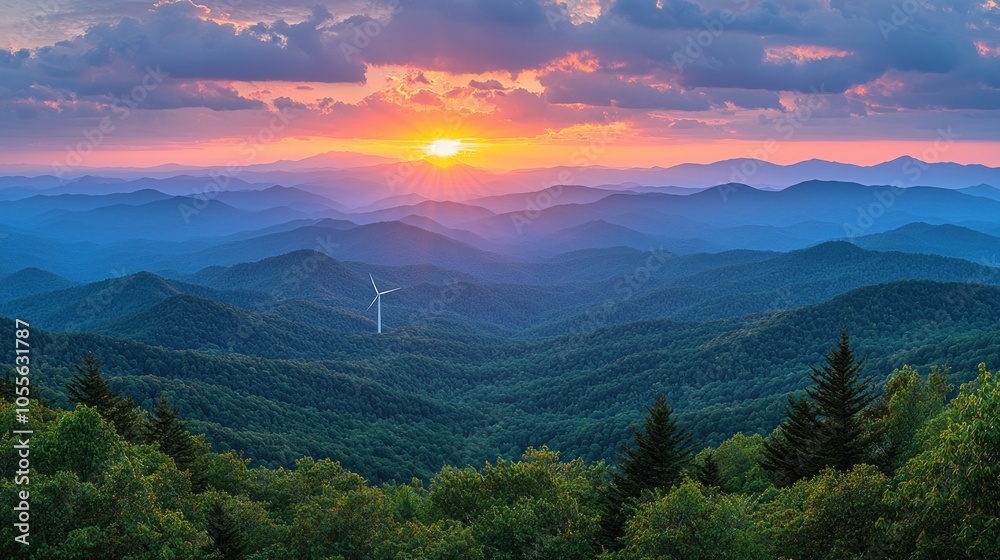 Fototapeta premium Wind Turbine in a Mountain Range at Sunset