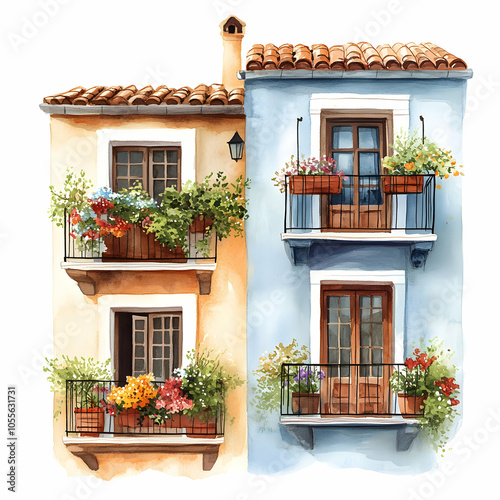 Charming Watercolor Illustration of Three Distinct European Houses Amidst a Serene Landscape photo