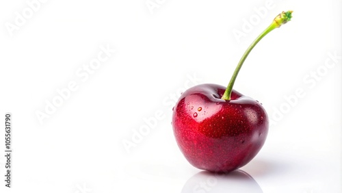 Fresh cherries on white background with copy space, shot from a wide-angle perspective