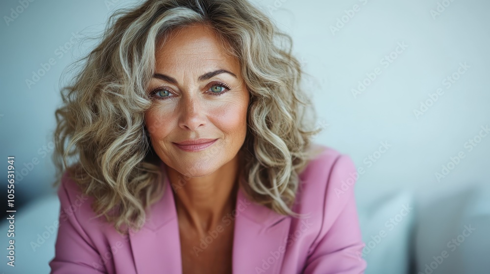 A woman with curly blonde hair wears a pink blazer and smiles gently, exuding confidence and warmth, sitting against a soft, blurry background. A woman with curly blonde hair wears a pink blazer and smiles gently, exuding confidence and warmth, sitting against a soft, blurry background.