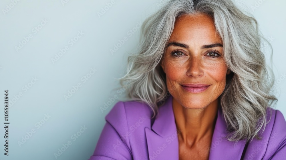 A confident woman with flowing gray hair wearing a lilac blazer smiles warmly while sitting against a minimalistic background, conveying inspiration and strength. A confident woman with flowing gray hair wearing a lilac blazer smiles warmly while sitting against a minimalistic background, conveying inspiration and strength.