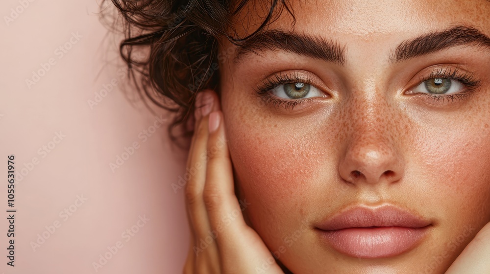 An intimate close-up of a woman resting her hand on her cheek, her freckled skin glowing in soft light, conveying a sense of natural beauty and understated elegance. An intimate close-up of a woman resting her hand on her cheek, her freckled skin glowing in soft light, conveying a sense of natural beauty and understated elegance.
