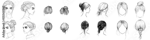 Black and white illustration of a set of different hairstyles